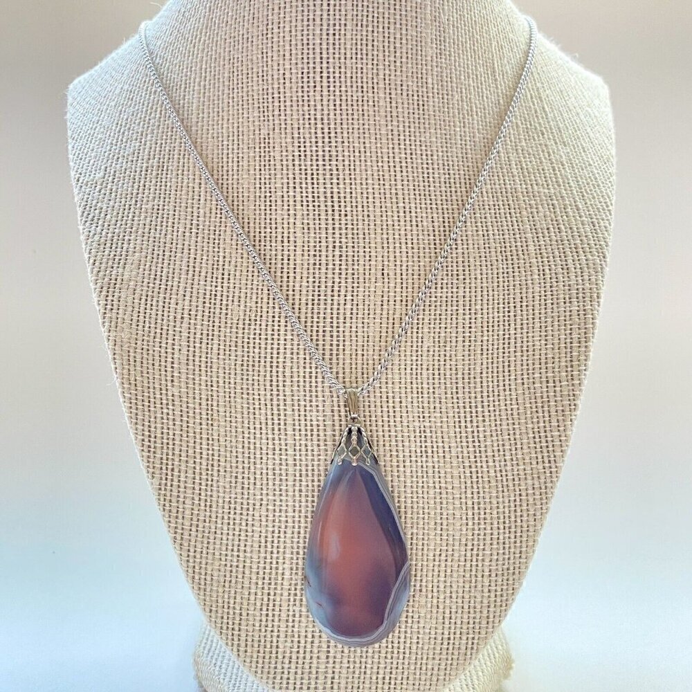 Botswana Agate 2” Teardrop Pendant with 18” Durable Silvertone Chain LOVELY